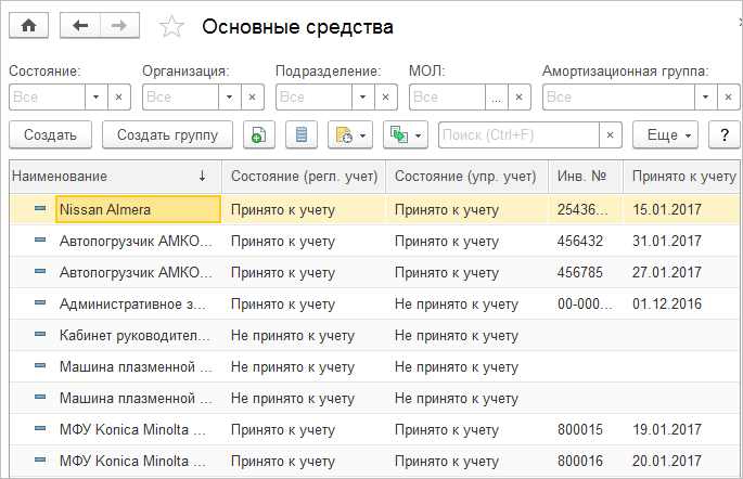 Учет основных средств в 1С:Комплексная автоматизация